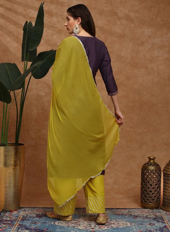 globus Women Purple Embroidered Yoke Kurta with Gotta Lace Wide Leg Pants and Dupatta Set